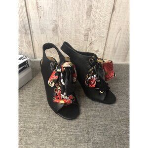 Bamboo Crave Black Shoes Womens 5.5 Floral Ribbon Tie Open Toe Whimsy Goth Sexy